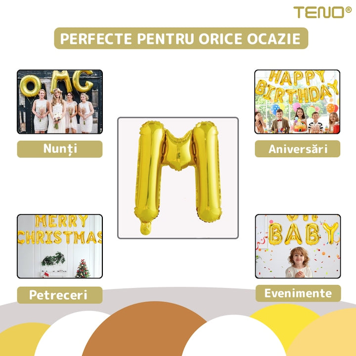 Balon in Forma de Litera M Teno®, metalizat, pentru Petreceri/Aniversari/Evenimente, rezistent, folie, gold, 40 cm
