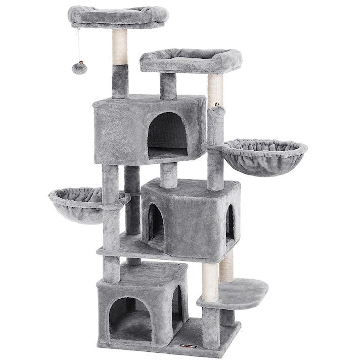Ansamblu de Joaca pentru Pisici Teno®, cu 3 platforme de observatie, 5 niveluri, 3 casute, franghie si minge de joaca, stalpi pentru zgariat, captuseala extra moale, structura stabila, 164 cm, gri deschis