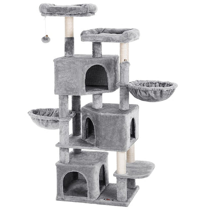 Ansamblu de Joaca pentru Pisici Teno®, cu 3 platforme de observatie, 5 niveluri, 3 casute, franghie si minge de joaca, stalpi pentru zgariat, captuseala extra moale, structura stabila, 164 cm, gri deschis
