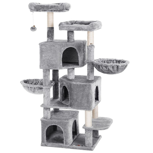 Ansamblu de Joaca pentru Pisici Teno®, cu 3 platforme de observatie, 5 niveluri, 3 casute, franghie si minge de joaca, stalpi pentru zgariat, captuseala extra moale, structura stabila, 164 cm, gri deschis