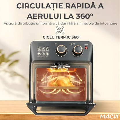 Friteuza cu Aer Cald Macvi®, Cuptor Electric cu Prajitor de Paine, Cuptor cu Convectie de 12L, Tehnologie de Circulatie a Aerului 360°