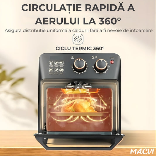Friteuza cu Aer Cald Macvi®, Cuptor Electric cu Prajitor de Paine, Cuptor cu Convectie de 12L, Tehnologie de Circulatie a Aerului 360°