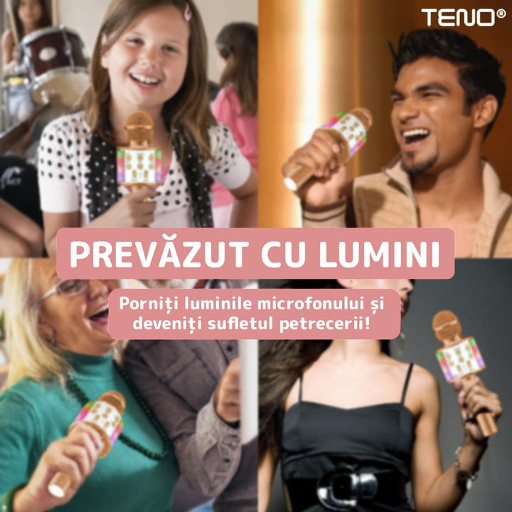 Microfon Karaoke Multifunctional pentru Copii, Teno®, boxa integrada, mod schimbare voce, stereo, slot card memorie/aux, lumini, rose gold