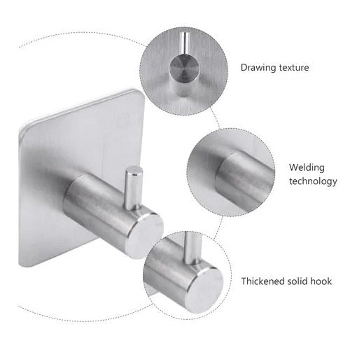 Set 4 cuiere de perete Macvi® din otel inoxidabil, montaj fara gaurire, 2 negre + 2 argintii, rezistente la umiditate, pentru baie si hol
