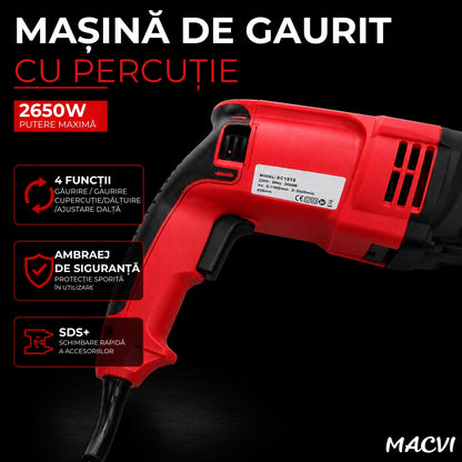 Rotopercutor Macvi 2650W SDS Plus, 3 moduri, 1300 RPM, pentru beton, lemn, zidarie, kit burghie si dalta