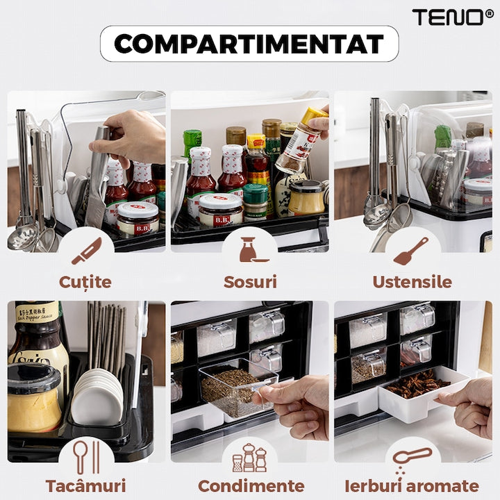 Organizator Multifunctional pentru Bucatarie Teno®, suport sticle, rafturi pentru condimente, cuier pentru ustensile, suport cutite, 46 x 26 x 43 cm, alb