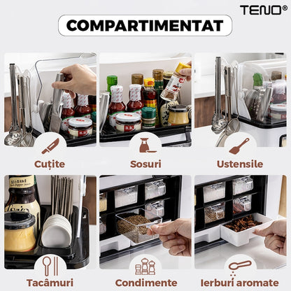 Organizator Multifunctional pentru Bucatarie Teno®, suport sticle, rafturi pentru condimente, cuier pentru ustensile, suport cutite, 46 x 26 x 43 cm, alb