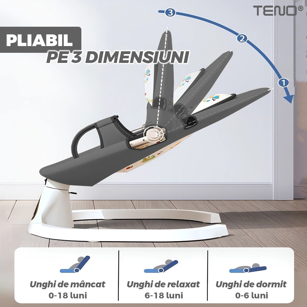 Leagan Electric Teno®, conectivitate Bluetooth, control tactil, tava detasabila, acoperis rabatabil, plasa protectie tantari pentru bebelusi, jucarii, muzica, gri inchis