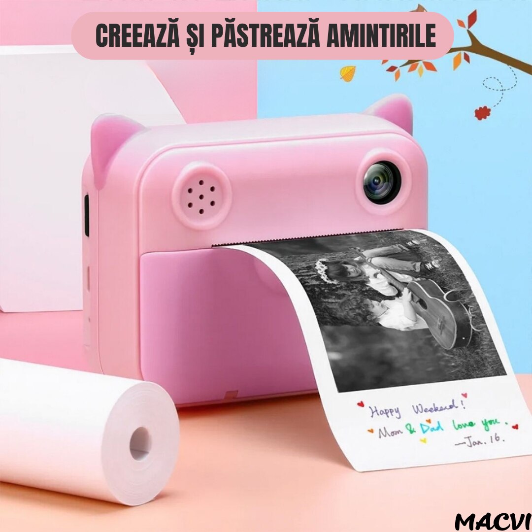 Aparat Foto pentru Copii Macvi® cu Imprimare Instant, Ecran 2.4 inch, 20 Mpx, Full HD 1080P, Selfie, Jocuri, Reincarcabil, 1 rola hartie inclusa, Roz