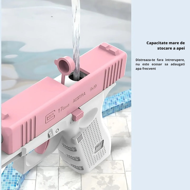Pistol cu apa copii Macvi®, alb cu roz, actionare manuala, jucarie vara exterior, dezvoltare dexteritate, 11.5 x 10 x 2.5 cm