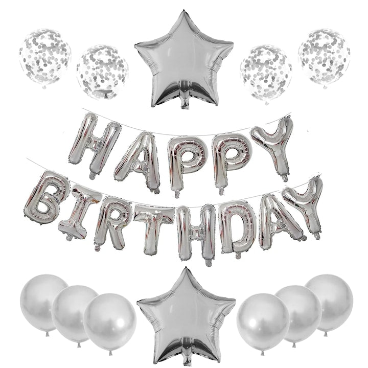 Set 25 Baloane Teno®, Litere, pentru Petreceri/Aniversari/Evenimente, confetti, stelute, model HAPPY BIRTHDAY, argintiu
