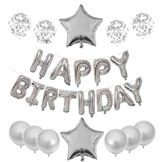 Set 25 Baloane Teno®, Litere, pentru Petreceri/Aniversari/Evenimente, confetti, stelute, model HAPPY BIRTHDAY, argintiu