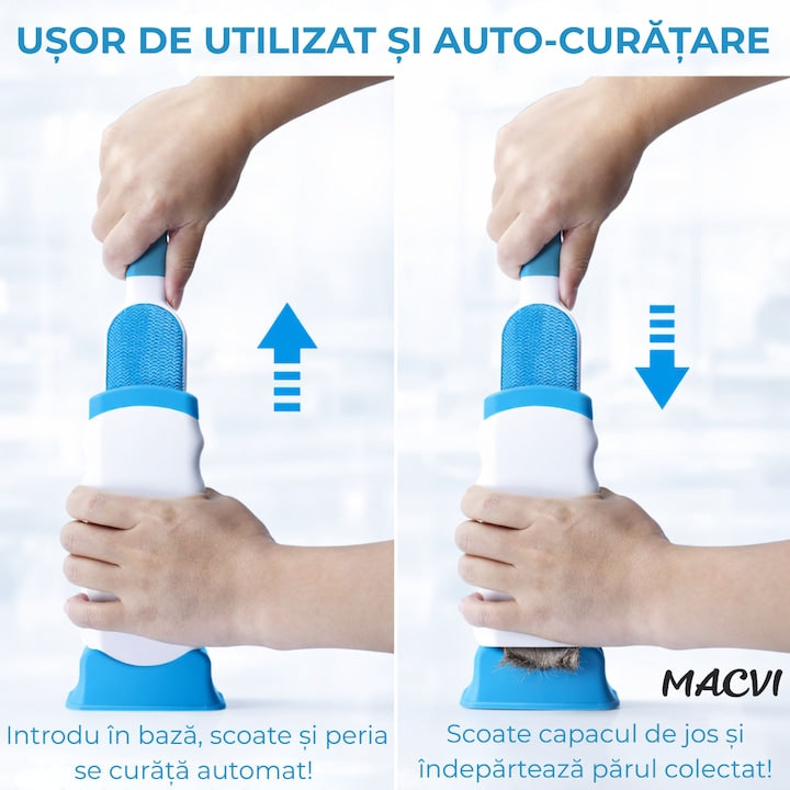 Set 2 Perii Speciale Macvi® pentru Indepartarea Parului de Animale de Pe Haine si Tapiterii, Sistem de Autocuratare, Perie de Dimensiuni Reduse Ideala pentru Calatorii, Alb/Albastru