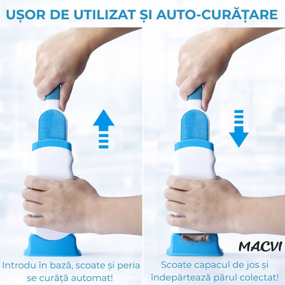 Set 2 Perii Speciale Macvi® pentru Indepartarea Parului de Animale de Pe Haine si Tapiterii, Sistem de Autocuratare, Perie de Dimensiuni Reduse Ideala pentru Calatorii, Alb/Albastru