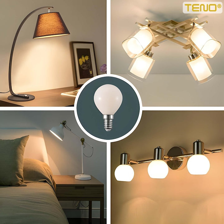 Bec LED E14 Teno®, forma sferica, durata de viata de 20.000 de ore, temperatura culoare 3000K, 7W, 480 lm, tensiune alimentare 220-240V, alb cald