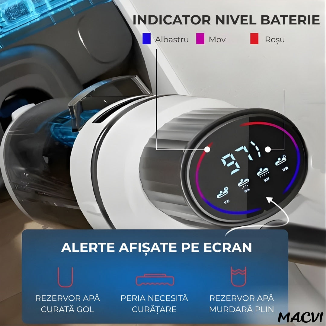 Aspirator Vertical cu Spalare Macvi® OZ01 Pro Fara Fir Autocuratare, Dezinfectare Apa, Putere 12000Pa, Autonomie 60 Min Ecran LED 2 Rezervoare