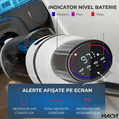 Aspirator Vertical cu Spalare Macvi® OZ01 Pro Fara Fir Autocuratare, Dezinfectare Apa, Putere 12000Pa, Autonomie 60 Min Ecran LED 2 Rezervoare