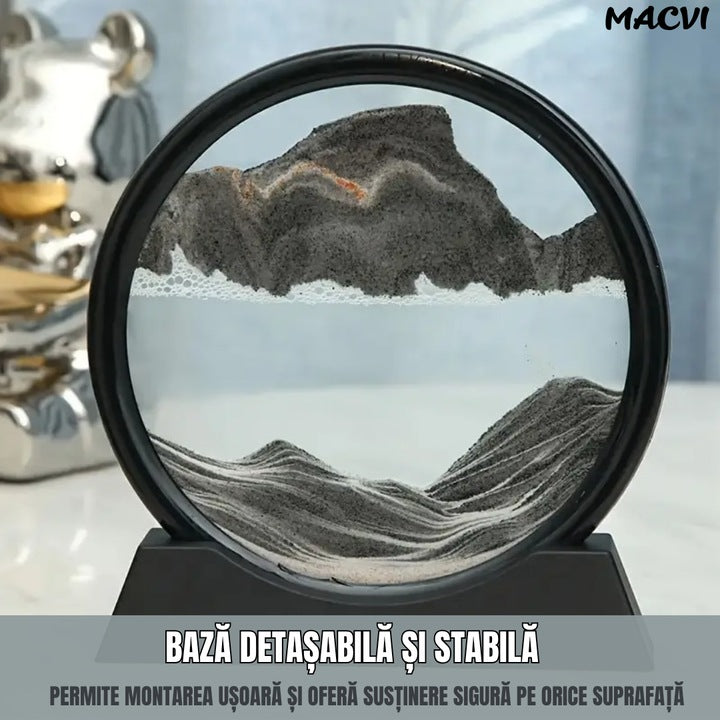 Obiect decorativ Macvi® cu efect 3D din nisip, masa rotativa 360°, baza din plastic, sticla si nisip, 18x19 cm, Negru