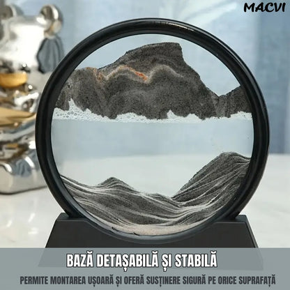 Obiect decorativ Macvi® cu efect 3D din nisip, masa rotativa 360°, baza din plastic, sticla si nisip, 18x19 cm, Negru