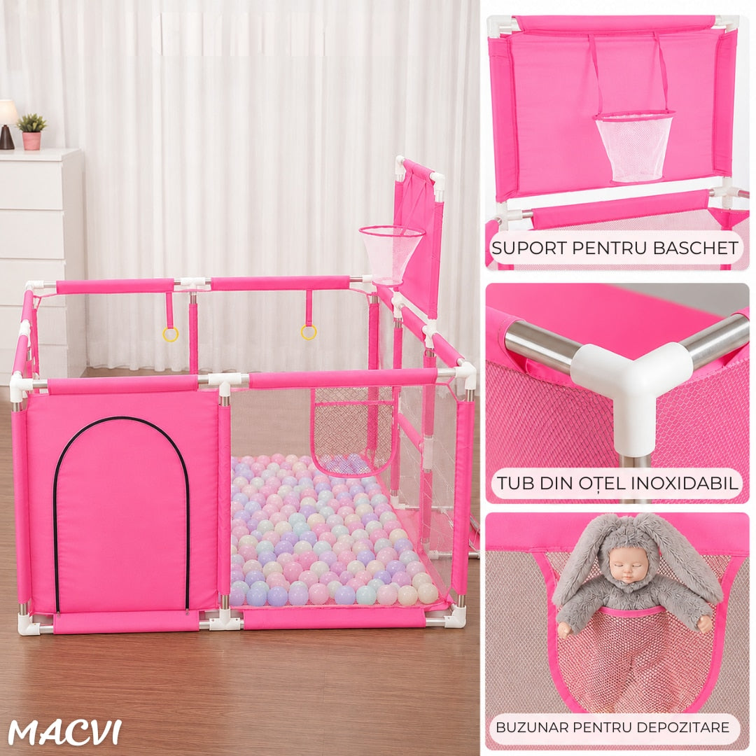 Tarc pentru copii Macvi® 100 bile incluse, gard de siguranta, 6 luni - 6 ani, 190x129x66 cm, usor de montat, otel inoxidabil, Roz