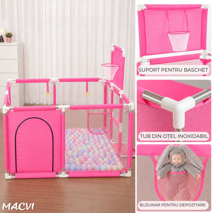 Tarc pentru copii Macvi® 100 bile incluse, gard de siguranta, 6 luni - 6 ani, 190x129x66 cm, usor de montat, otel inoxidabil, Roz