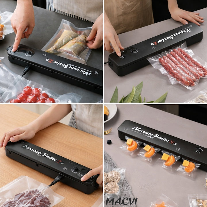 Aparat de Vidat Macvi® Alimente 110W cu Functie de Sigilare, Pompa Puternica, Compact si Usor de Utilizat pachetul include 10 Pungi de Vidat