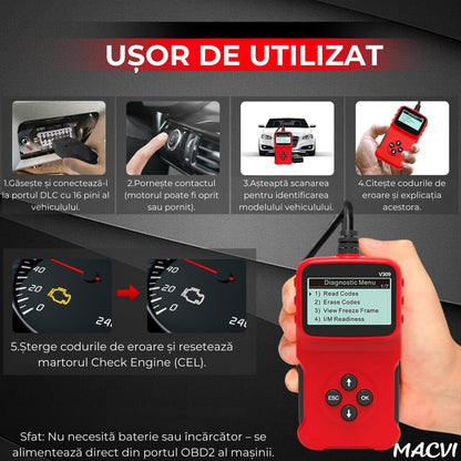 Tester auto MACVI OBD2 V309, citire/sterere coduri DTC, ecran LCD mare, plug and play