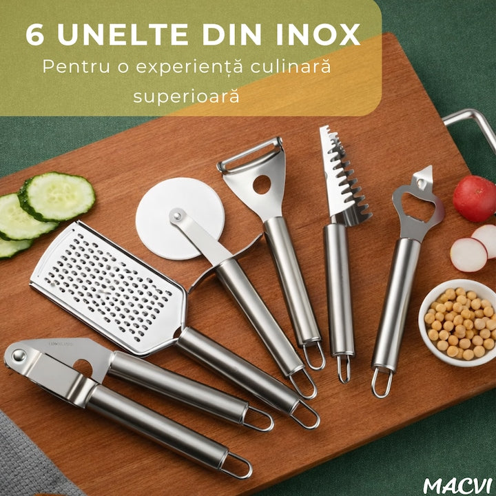 Set 20 Piese Utensile de Bucatarie si Cutite cu Suport Macvi®, Taietor, Ustensile de Silicona, Cutite, Tablita de Taiat si Accesorii pentru Gatit