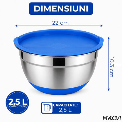 Castron Inox cu Capac si Baza Antiderapanta Macvi® 22 cm Bol Bucatarie, Otel Inoxidabil cu Capac Etans, Albastru