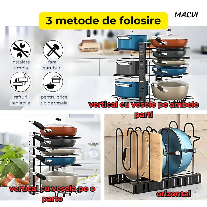 Suport reglabil 9 tigai si oale Macvi® din metal, 8 separatoare, protectie cauciuc, utilizare verticala/orizontala, negru
