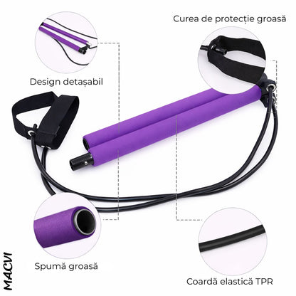 Bara Fitness Macvi® cu Benzi Elastice Reglabile, Multifunctionala pentru Antrenamente Complete, Rezistenta Ajustabila, Culoare Mov