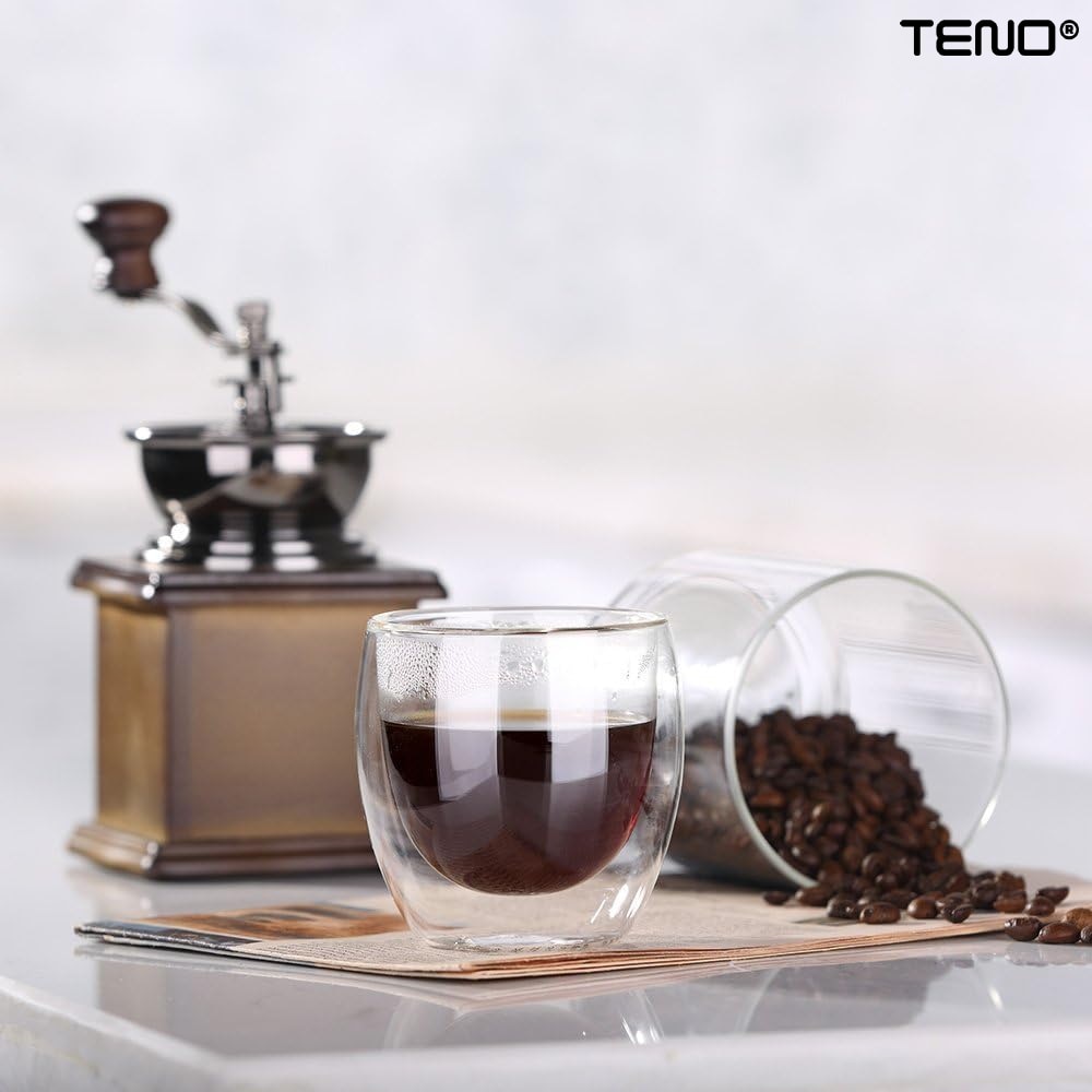 Set 4 Pahare din Sticla cu Perete Dublu Teno®, termorezistente, design modern, capacitate 250 ml, 9 x 8 cm