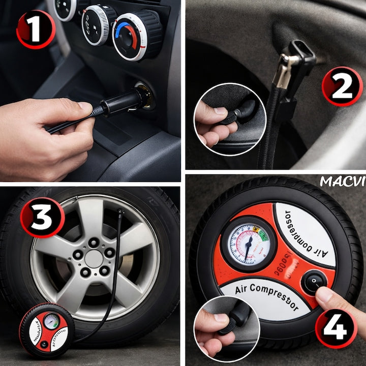Compresor Auto Macvi® Forma Anvelopa Alimentare Bricheta 12V 260PSI 90W cu Manometru si Set Capete