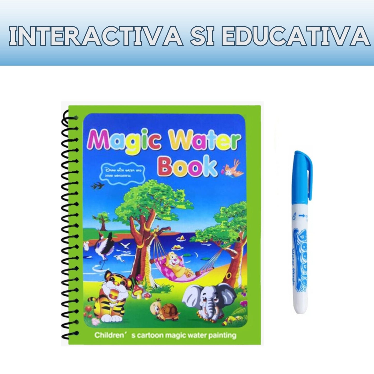 Carte de colorat reutilizabila Macvi Magic Book, 8 pagini, tematica animale, culori vibrante, pentru copii 3 ani+