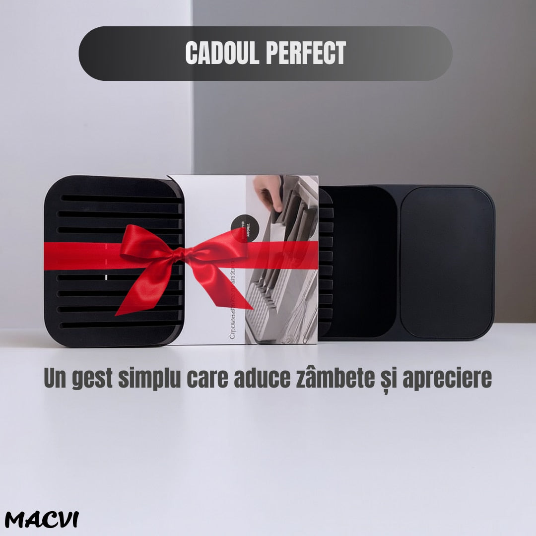 Suport sertar pentru cutite Macvi® organizator compact depozitare sigura material durabil design ergonomic stabilitate sporita economie de spatiu, negru