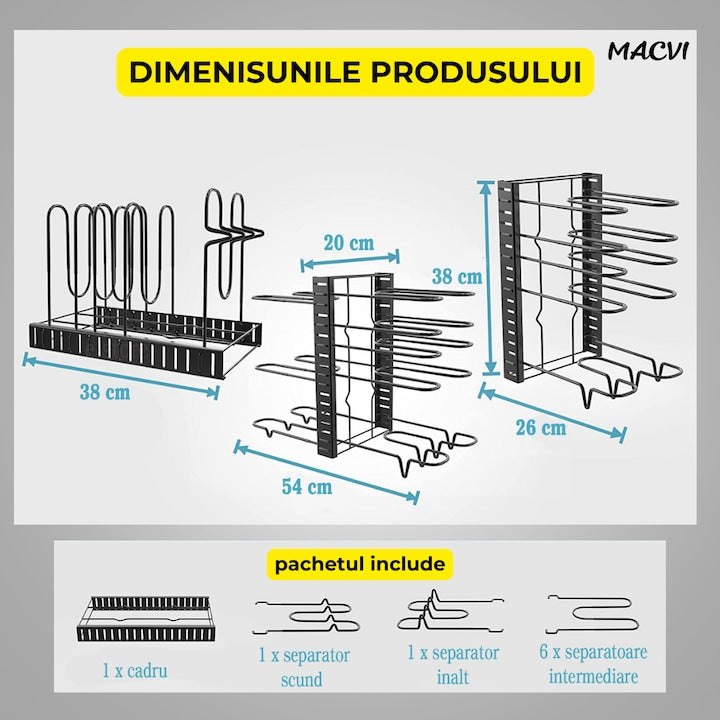 Suport reglabil 9 tigai si oale Macvi® din metal, 8 separatoare, protectie cauciuc, utilizare verticala/orizontala, negru
