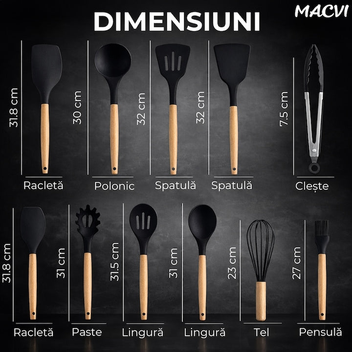 Set Ustensile Bucatarie Macvi® 19 Piese Silicon Termorezistent si Bambus, Cutite Inox, Suport Organizator Compact, Design Negru Elegant
