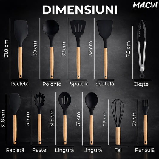 Set Ustensile Bucatarie Macvi® 19 Piese Silicon Termorezistent si Bambus, Cutite Inox, Suport Organizator Compact, Design Negru Elegant