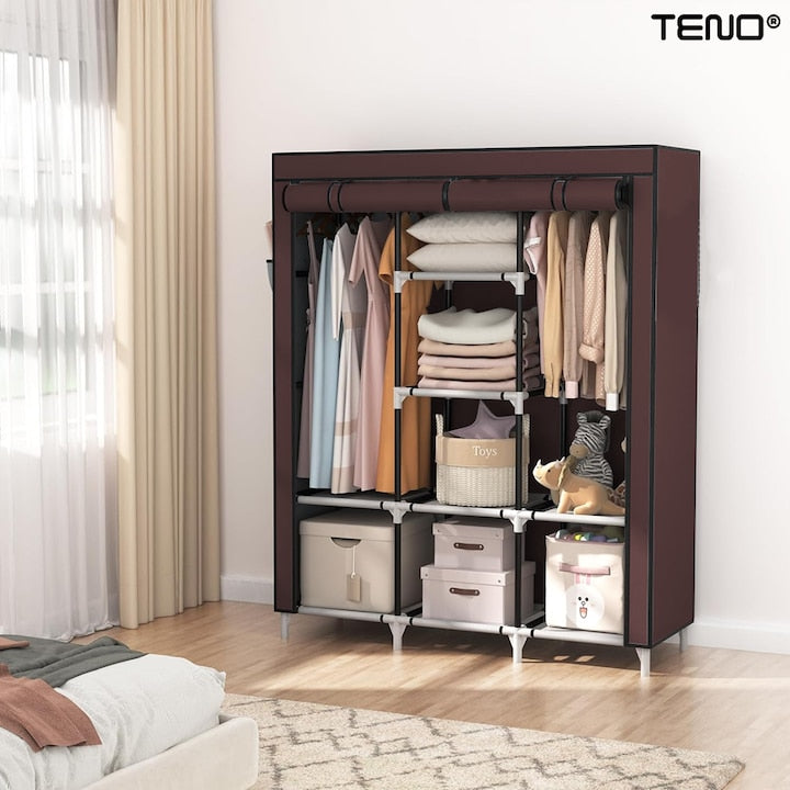 Dulap din Material Textil pentru Haine si Incaltaminte Teno®, impermeabil, 8 rafturi, inchidere fermoar, suport umerase, cadru otel, 170 cm, maro