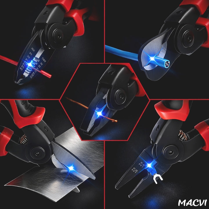 Set 5 in 1 patent multifunctional Macvi®, din otel, taietor cablu, dezizolator, cleste, sertizare, taietor, foarfeca, cu husa de depozitare, maner anticurentare si design ergonomic