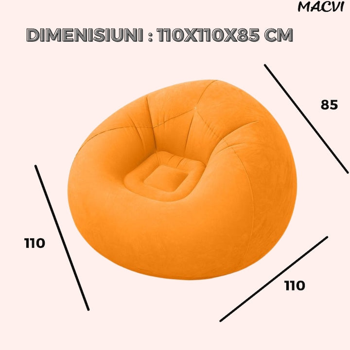Fotoliu Gonflabil Macvi® Lazy Bag cu pompa inclusa, 110x110x85 cm, Confort Maxim, Portabila, pentru Interior si Exterior, Culoare Portocaliu