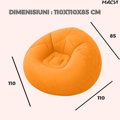 Fotoliu Gonflabil Macvi® Lazy Bag cu pompa inclusa, 110x110x85 cm, Confort Maxim, Portabila, pentru Interior si Exterior, Culoare Portocaliu