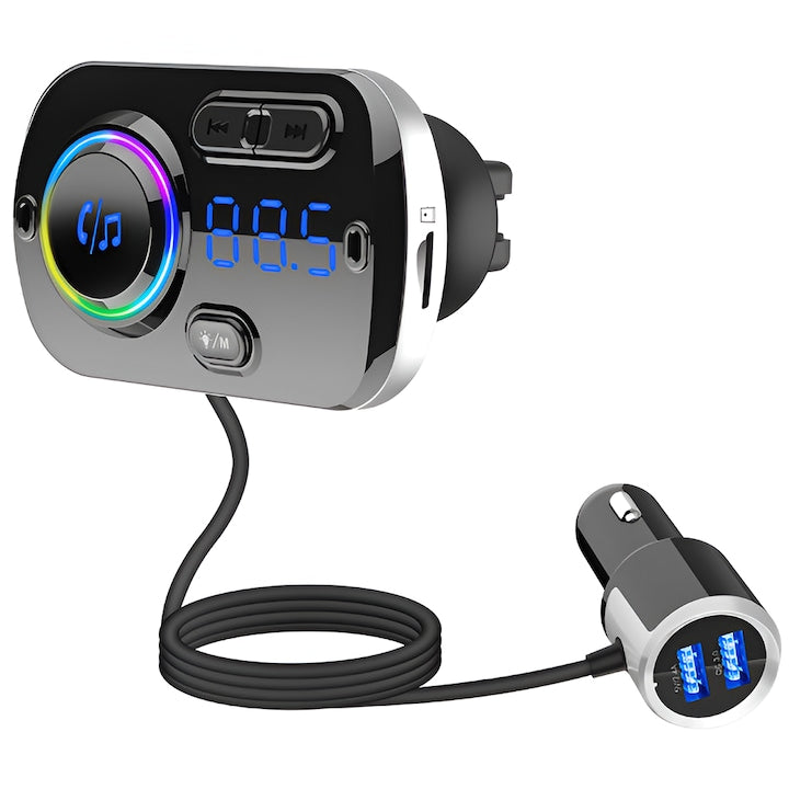 Modulator Auto FM Teno, Bluetooth 5.0, Functie Dubla Incarcare, Afisaj LED, Negru