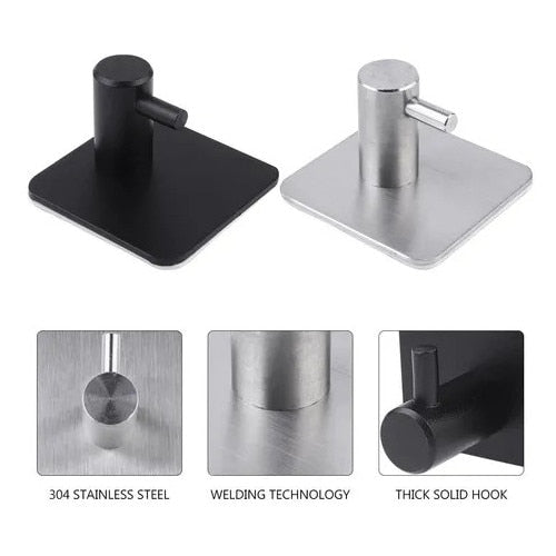 Set 4 cuiere de perete Macvi® din otel inoxidabil, montaj fara gaurire, 2 negre + 2 argintii, rezistente la umiditate, pentru baie si hol