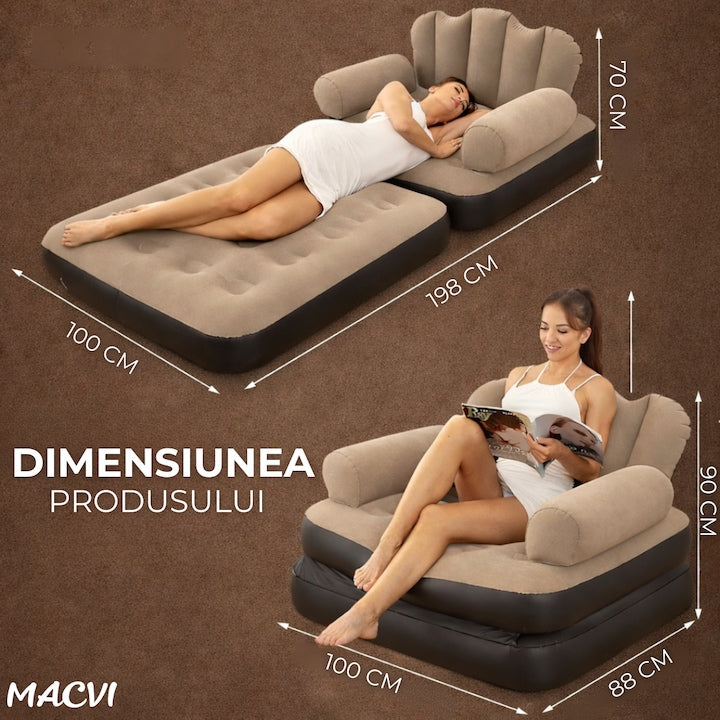 Fotoliu Gonflabil Macvi® XL 2 in 1 Portabil Pentru Interior, Exterior, Camping sau Plaja, Design Ergonomic, 100x88x90 cm, Maro