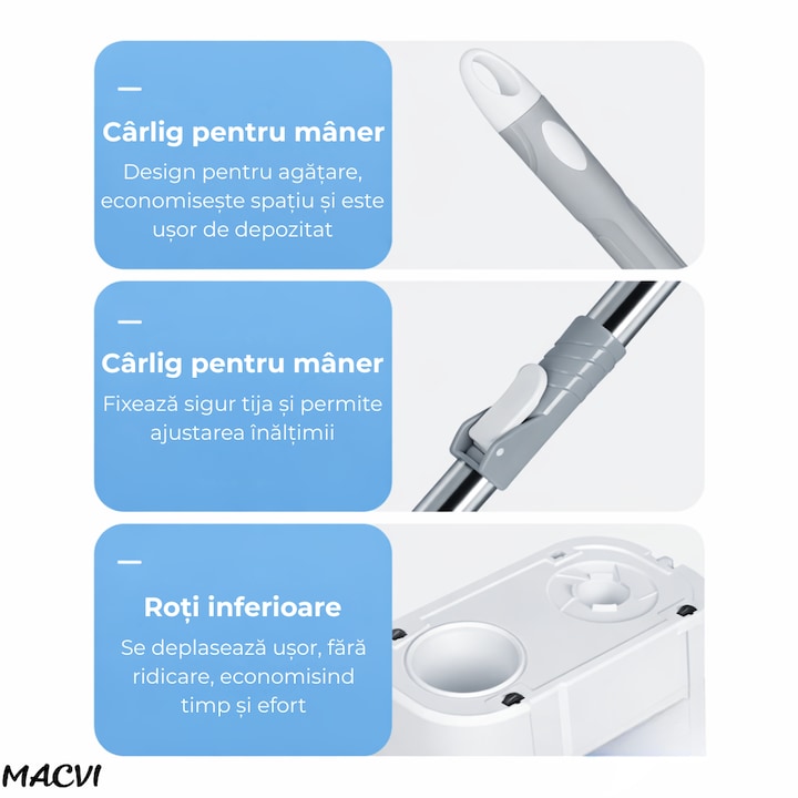 Set Mop Rotativ Macvi®, Galeata, Dubla Actiune, Capat Microfibra, Sistem Stoarcere, Inaltime Ajustabila, Alb/Gri