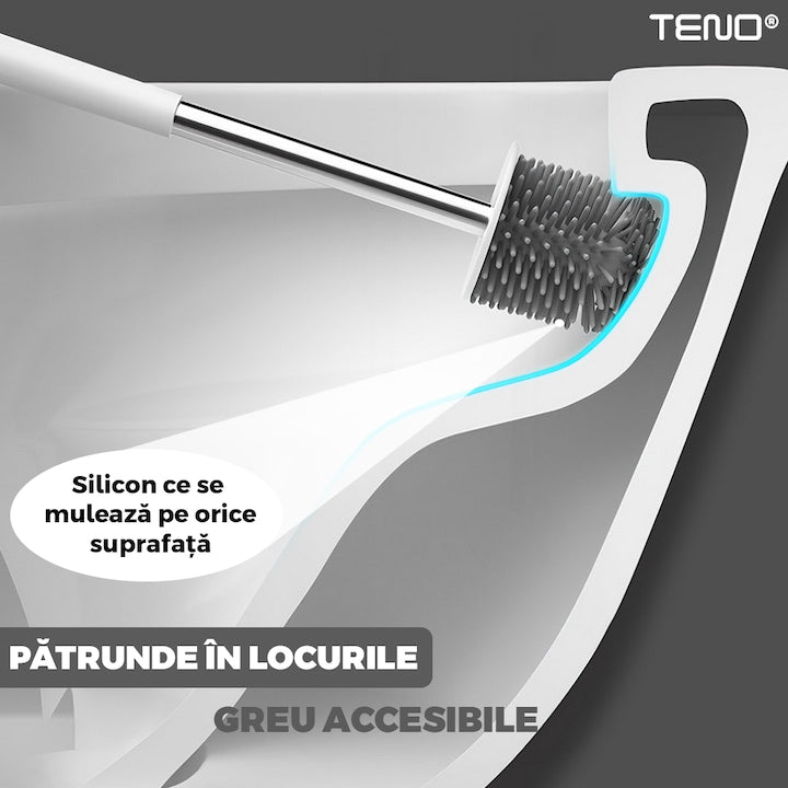 Set 2 Perii pentru Toaleta Teno ®, din silicon, perie zimtata, cap flexibil, suport adeziv pentru montarea pe perete, curata orice tip de suprafata, alb/gri