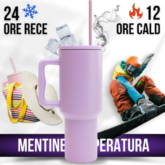 Cana termo cu maner si pai Macvi®, 1.2 litri, inox 304, termos bauturi calde si reci, 12h cald, 24h rece, anti scurgeri, violet