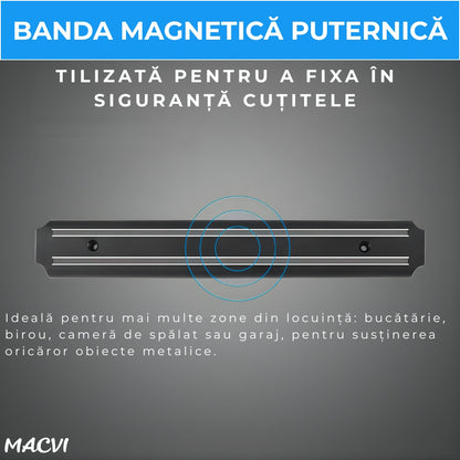 Suport magnetic pentru bucatarie MACVI, 50x5cm, argintiu, pentru cutite din inox si ustensile