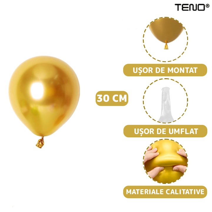 Set 105 Baloane Teno®, Tip Arcada, pentru Petreceri/Aniversari/Evenimente, diverse modele, umplute cu confetti, latex, alb/auriu